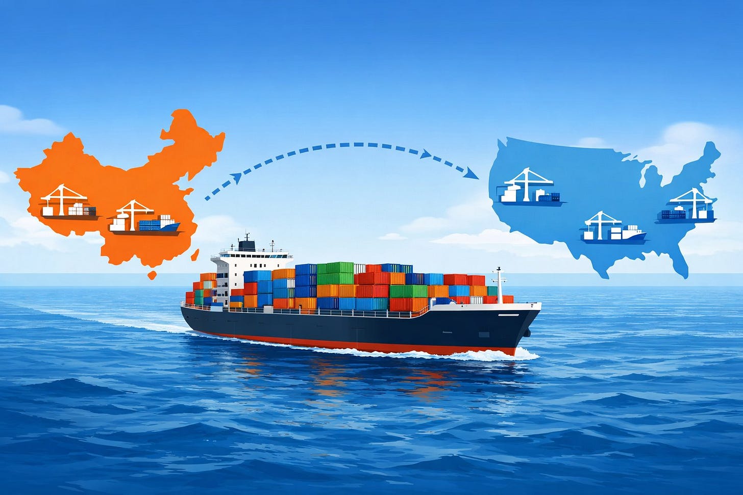 A cargo ship carrying containers sailing across the ocean between stylized maps of China and the United States.