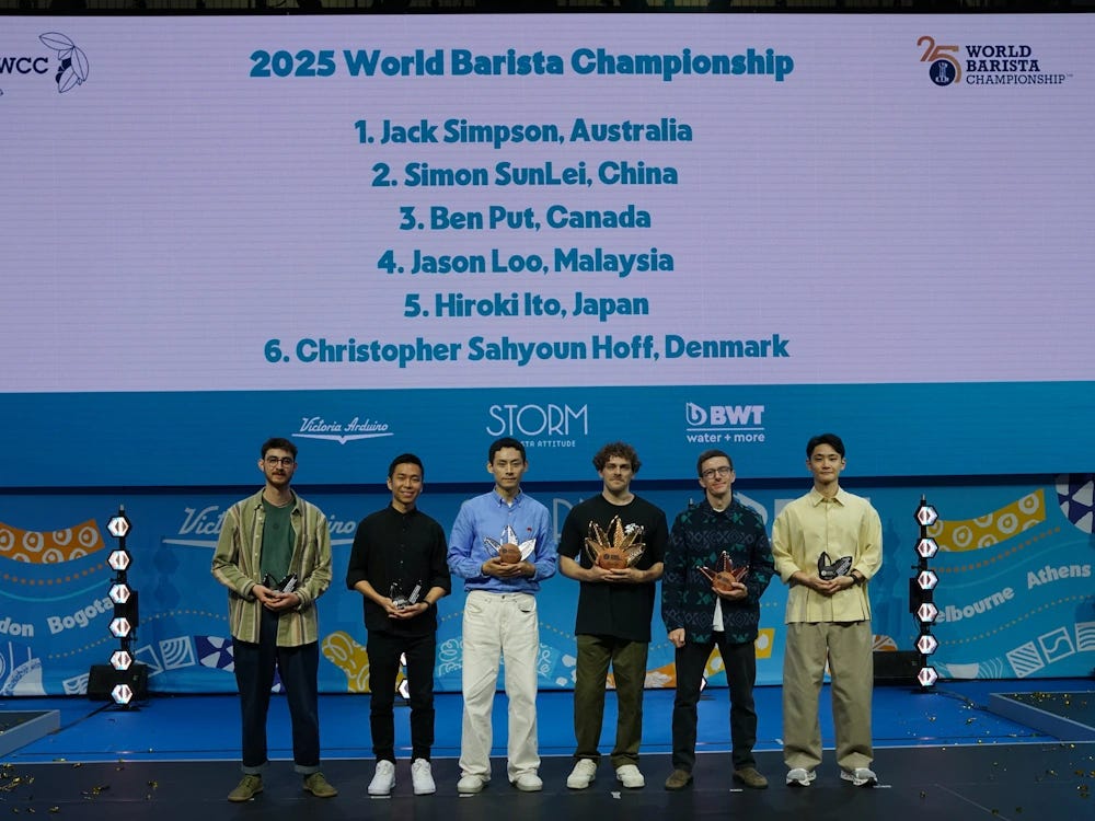 The top six finalists at  the 2025 World Barista Championship in Milan, Italy.