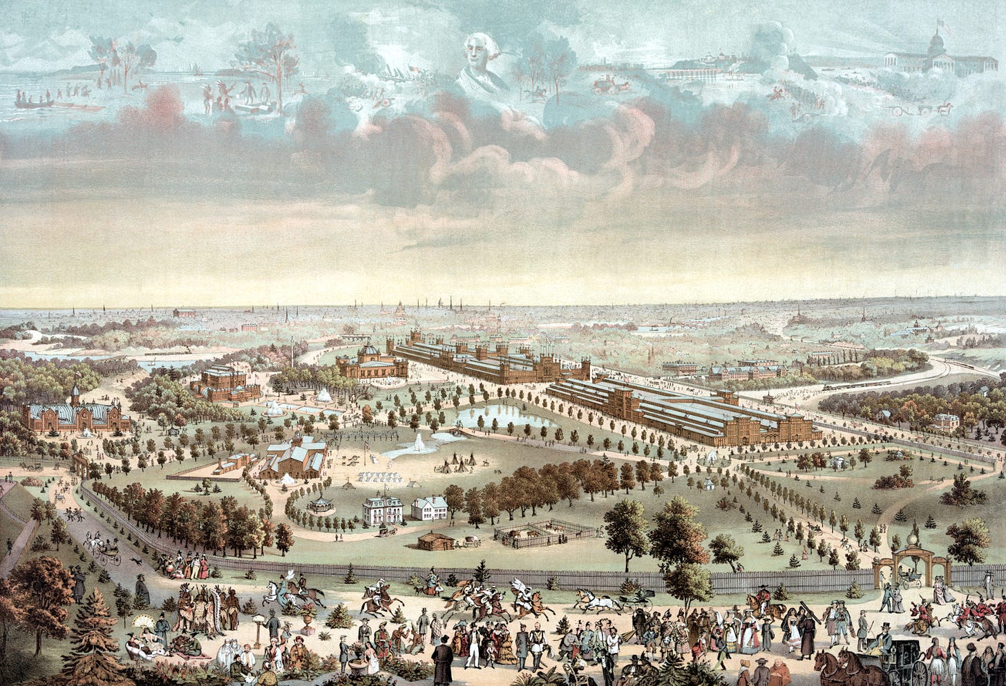 Painted birds-eye rendition of the Philadelphia Centennial Exposition Painted birds-eye rendition of the Philadelphia Centennial Exposition