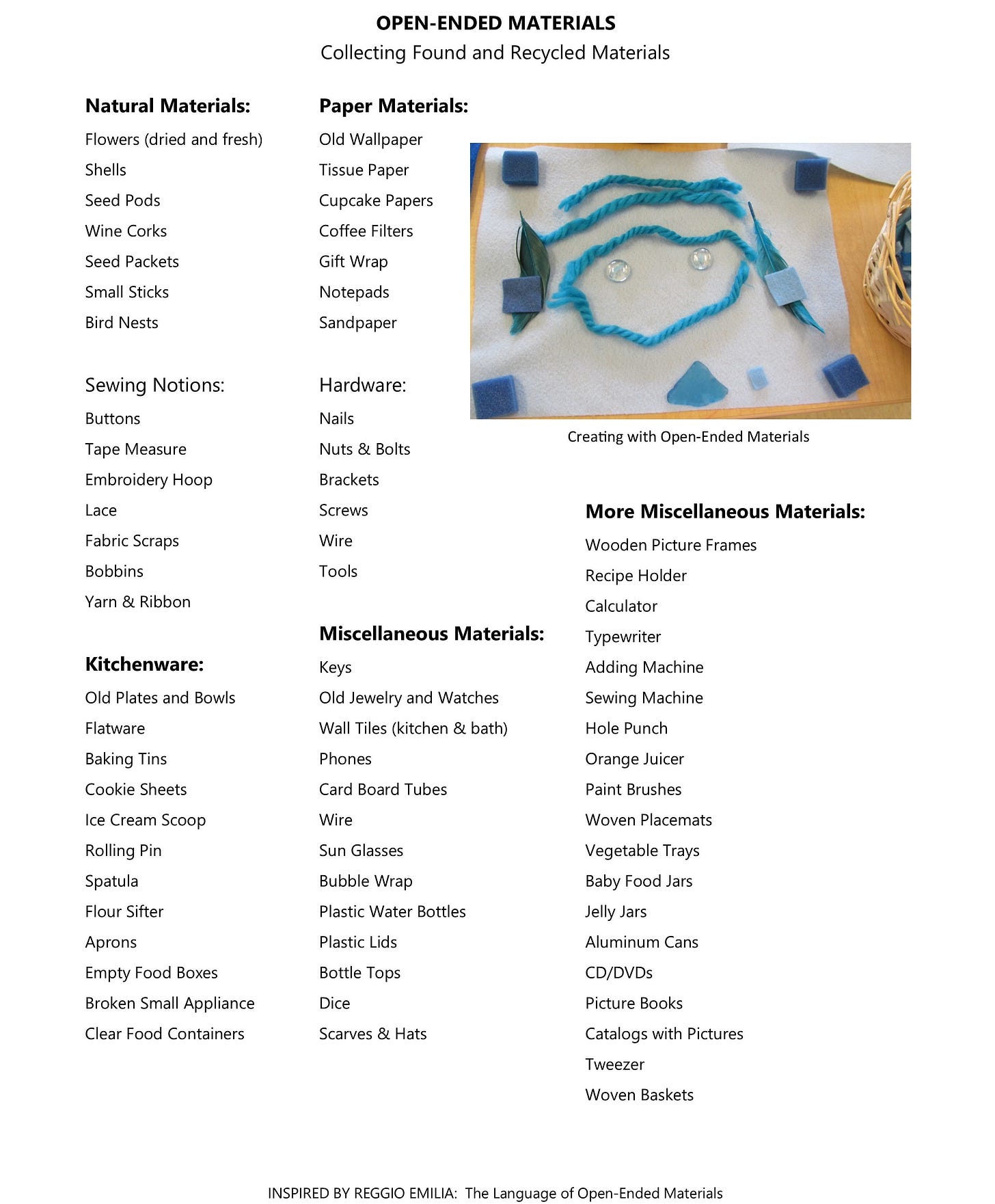 A listing of open-ended items that can be used in creative projects.