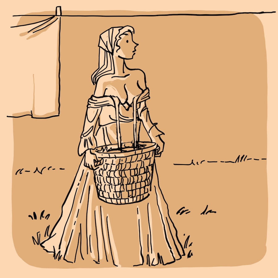 Ink line art illustration of a woman in a long dress and apron carrying a laundry basket in a garden. Ink line art illustration of a woman in a long dress and apron carrying a laundry basket in a garden.