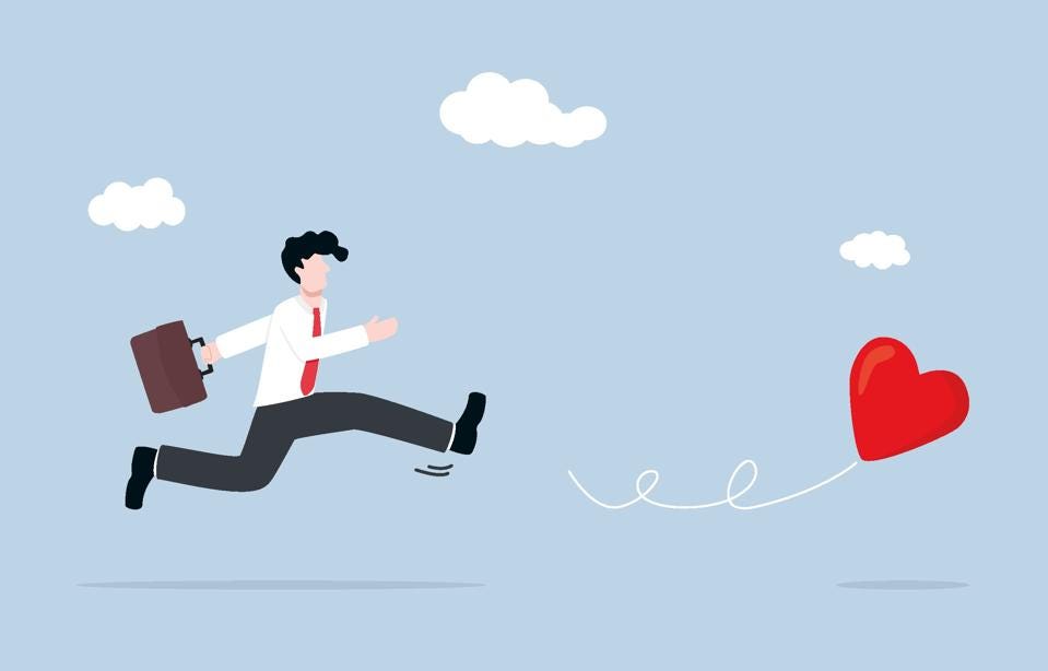 Searching passionate job for happiness, self motivation to chase dream, ambition to find right career concept. Businessman chasing heart ahead. Searching passionate job for happiness, self motivation to chase dream, ambition to find right career concept. Businessman chasing heart ahead.