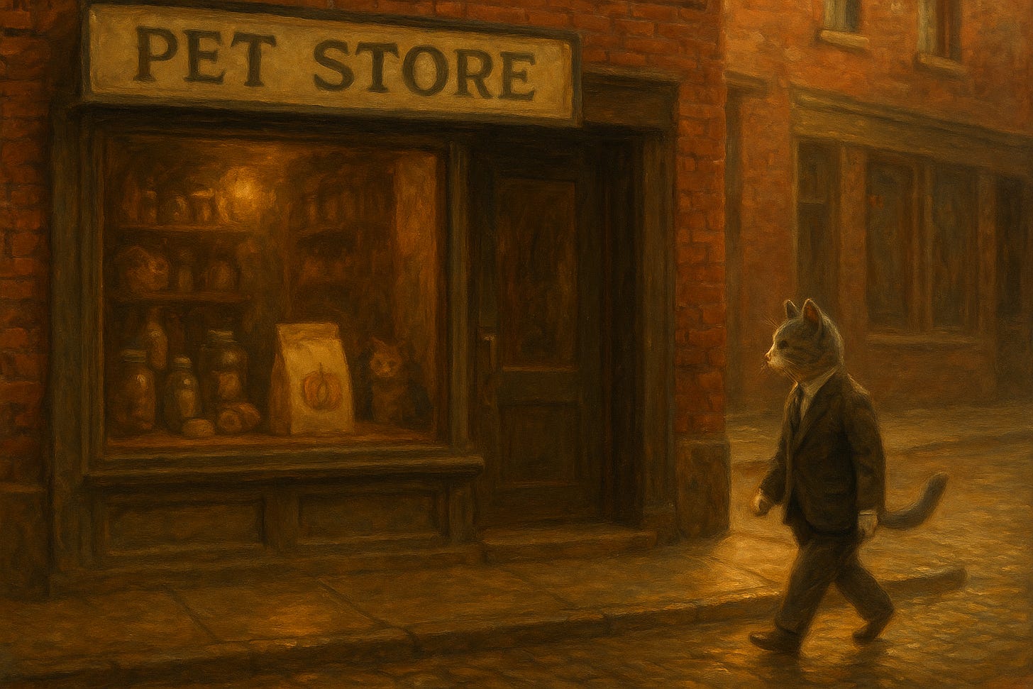 Anthropomorphic gray cat in a suit walks past a warmly lit PET STORE on a quiet cobblestone street; painterly, sepia-toned oil style with jars in the window.