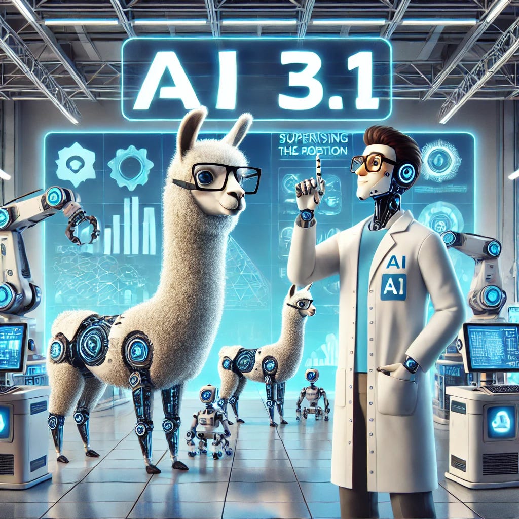 A futuristic AI lab with robots working and a large display showing the Llama 3.1 logo. Include a friendly llama wearing a lab coat and glasses, supervising the robots. High-tech and modern environment.