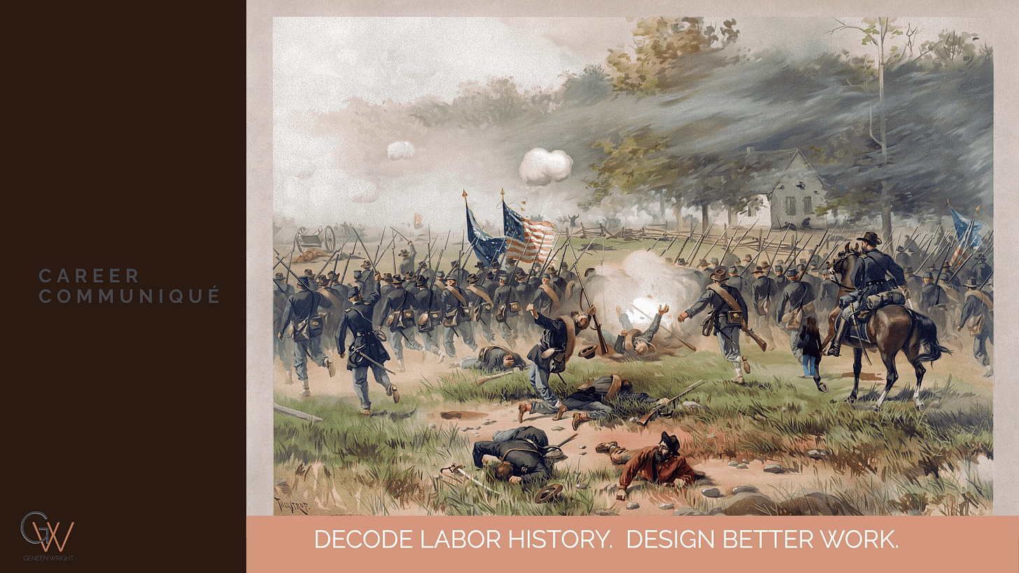A historical illustration depicting the Battle of Antietam, showing Union soldiers advancing across a smoke-filled field. A color bearer carrying the regimental flag is visible at the center of the advancing line. Fallen soldiers are visible in the foreground. Career Communiqué branding appears on the left panel.