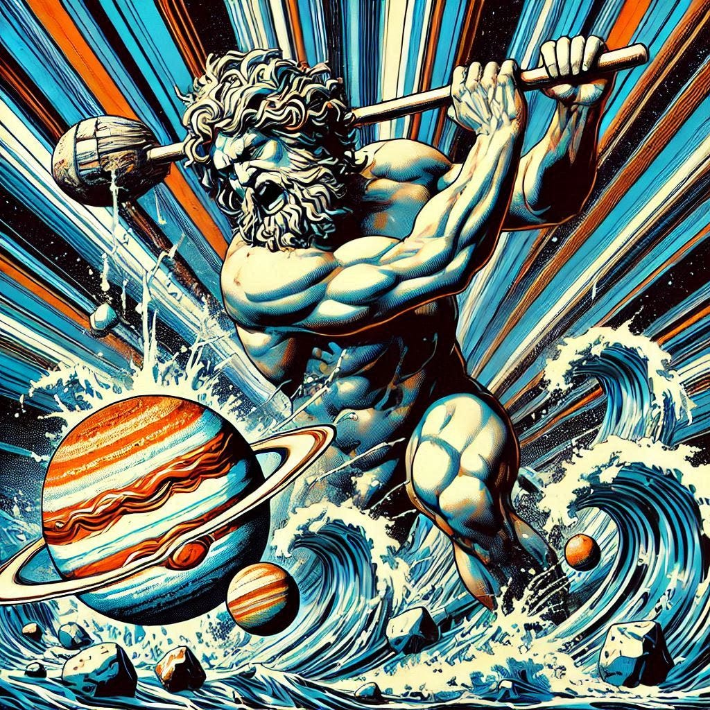neptune smashing into jupiter in the style of roy lichtenstein