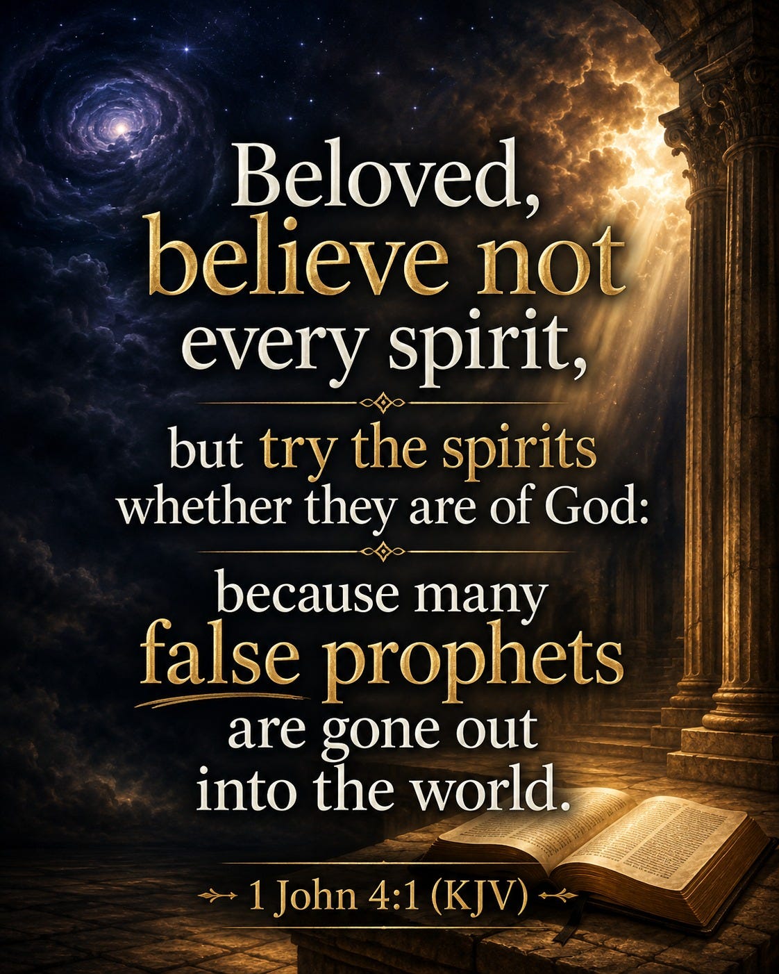 May be an image of text that says 'Beloved, believe not every spirit, but try the spirits whether they are of God: because many false prophets are gone out into the world. 1 John 4:1 KJV'