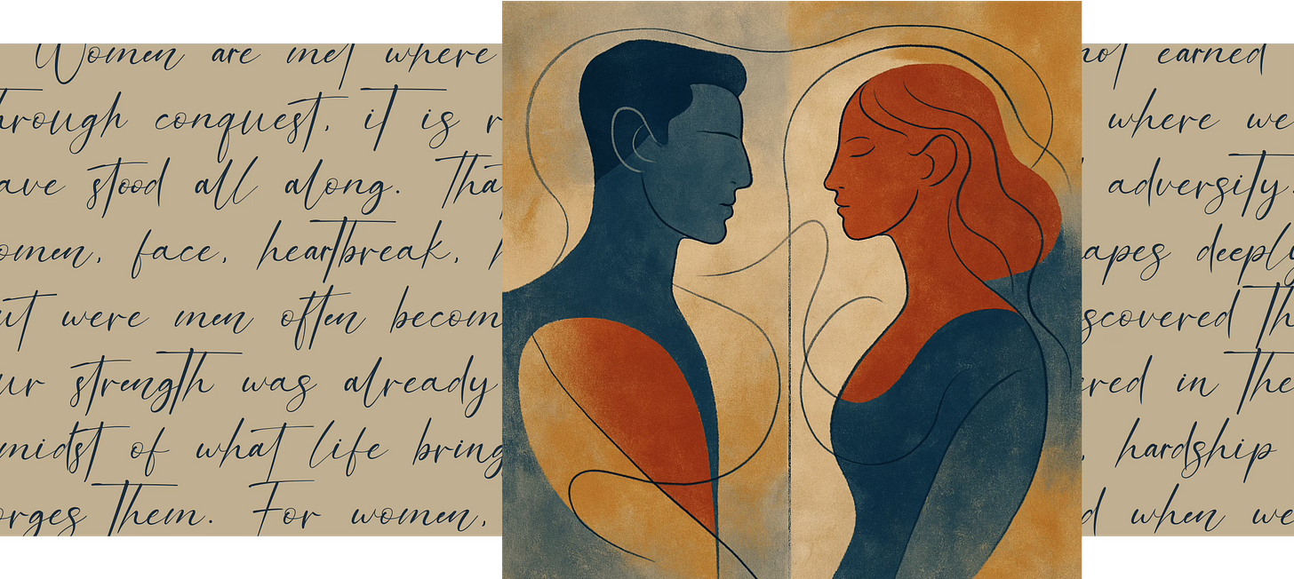 Illustration titled Harmonious Compliments, showing a man and woman facing each other with interwoven lines, set over handwritten text in warm, muted tones.
