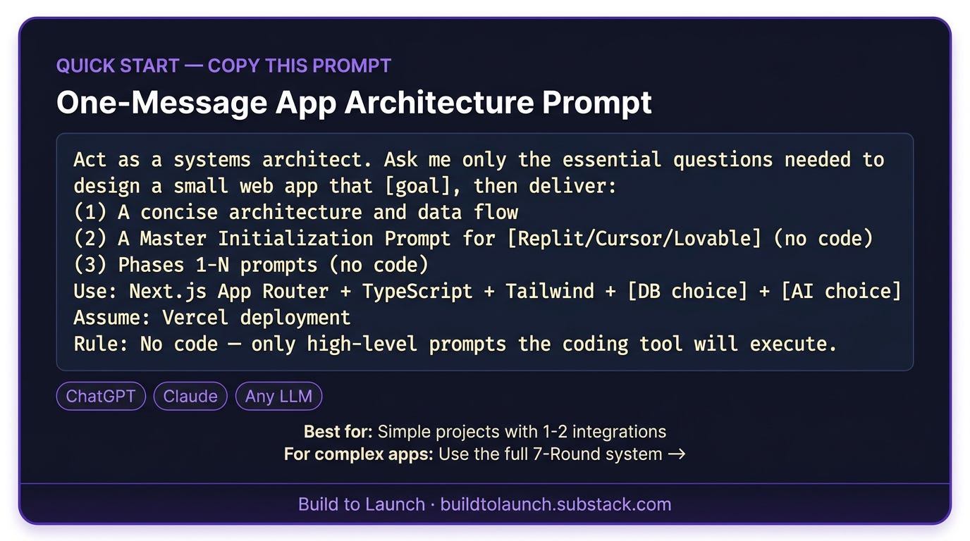 Quick Start — Copy This Prompt card. One-Message App Architecture Prompt. Dark card with monospace text: Act as a systems architect. Ask me only the essential questions needed to design a small web app that [goal], then deliver: (1) a concise architecture and data flow, (2) a Master Initialization Prompt for Replit/Cursor/Lovable (no code), (3) Phases 1-N prompts (no code). Use Next.js App Router plus TypeScript plus Tailwind plus [DB choice] plus [AI choice]. Assume Vercel deployment. Rule: No code — only high-level prompts the coding tool will execute. Works with ChatGPT, Claude, any LLM. Best for: simple projects with 1-2 integrations. For complex apps: use the full 7-Round system. Build to Launch by Jenny Ouyang
