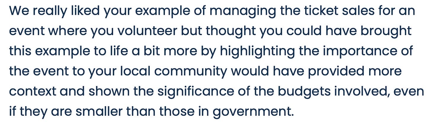 Screenshot of feedback from interview in June 2024