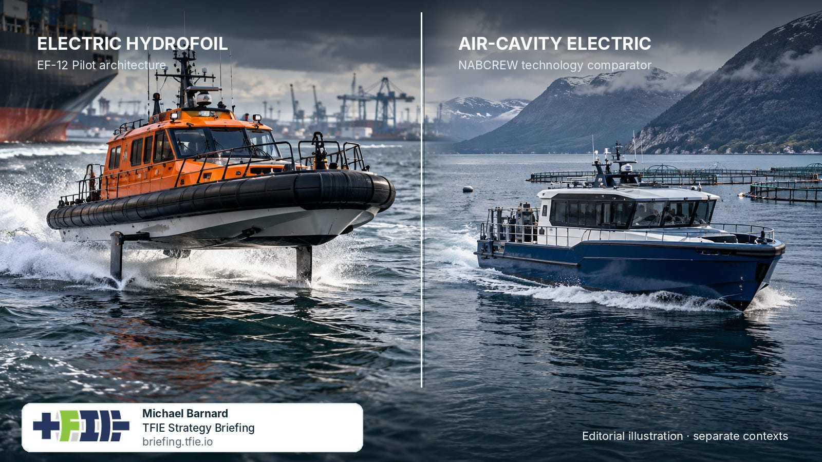 Editorial illustration: an orange foil-assisted pilot workboat in an industrial port and a blue personnel vessel in a Norwegian fjord. These are representative designs, not documentary photographs of the manufacturer vessels.