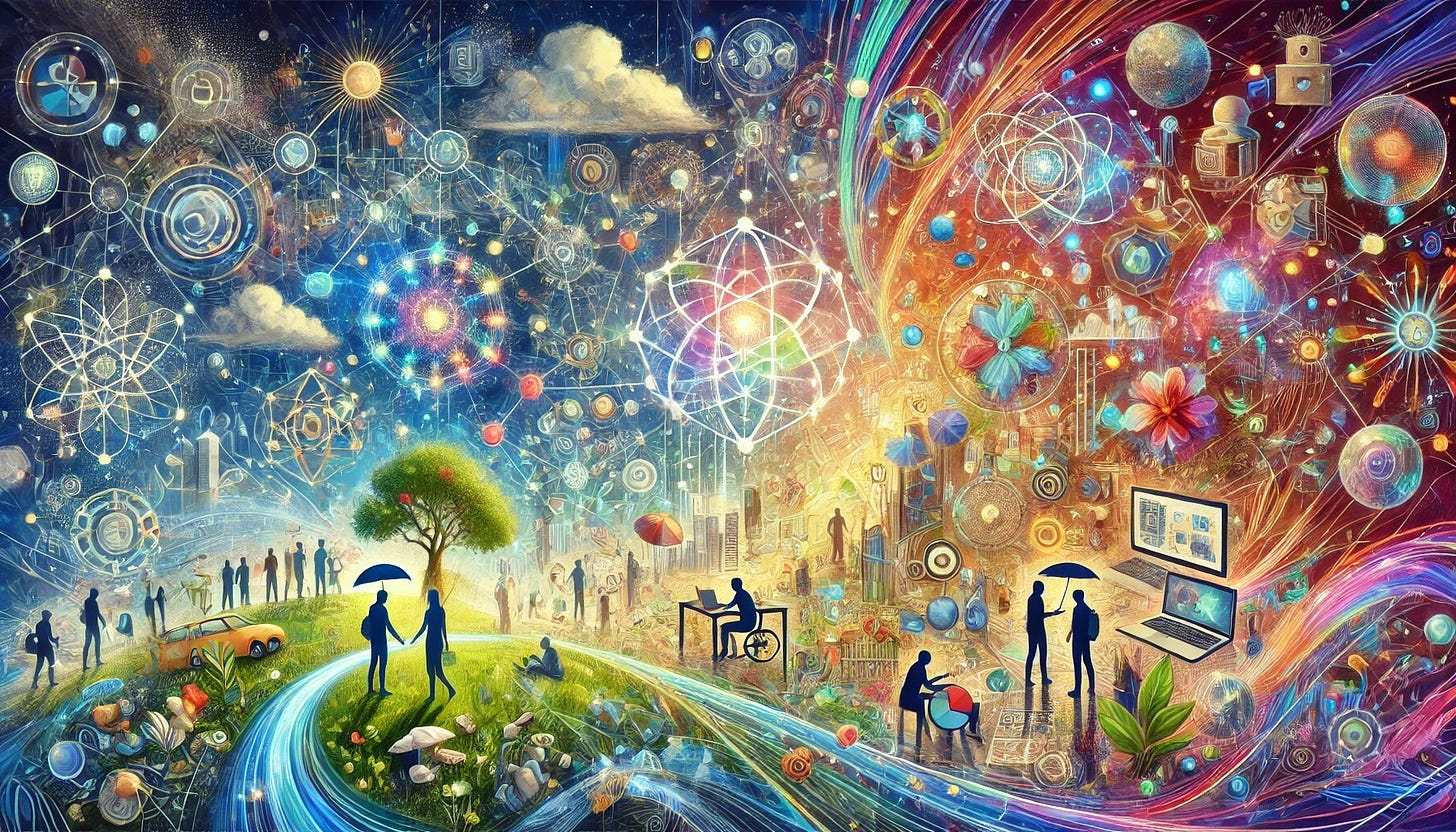 Colorful illustration depicting silhouettes of people engaging in various activities, surrounded by vibrant representations of technology, nature, and scientific icons in a dynamic, dreamlike setting.>