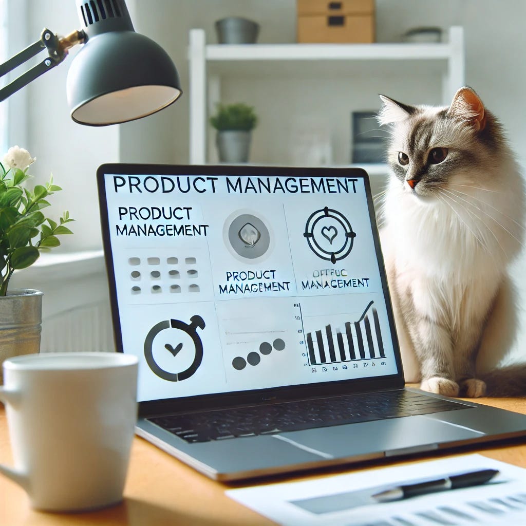 A clean and modern workspace featuring a laptop with a product management document open, a coffee mug nearby, and a cat lounging on the desk, symbolizing collaboration and thoughtfulness. The setting is bright and minimalistic.