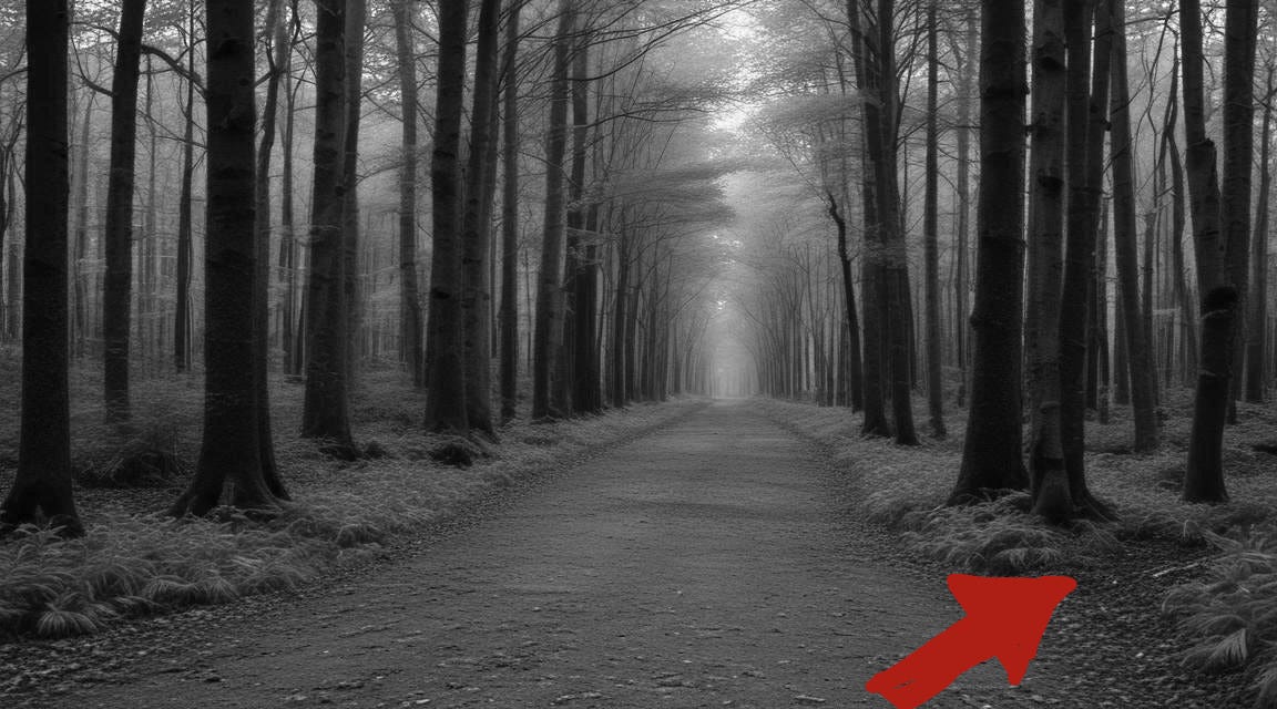 Picture of a forest, with a well-trodden general road, and a small path on the right side. 