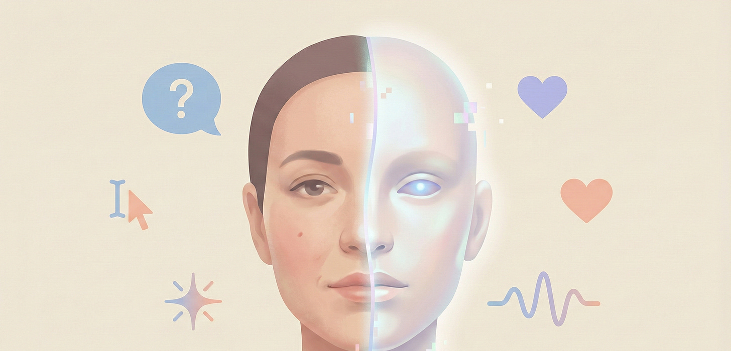 A stylized illustration of a woman’s face split down the middle: one half human, the other half rendered as a glowing, slightly pixelated AI version. Around her float icons of hearts, question marks, cursors, and waveform symbols. The image represents Synthetic Realness, Co-Cognition, Semantic Smoothing, and the blending of human perception with machine-generated identity in the Age of Drift.