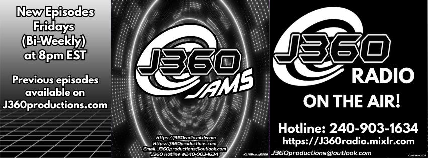 Promotional banner for J360 Jams on J360 Productions. Displays bi-weekly broadcast schedule for new episodes on Fridays at 8pm EST, featuring the J360 Jams logo and live broadcast tuning info for J360 Radio at j360radio.mixlr.com.