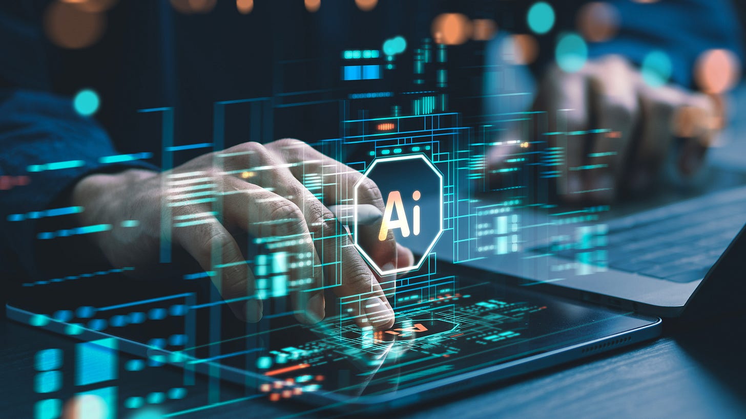 Hands typing on a tablet with AI superimposed in text in front Hands typing on a tablet with AI superimposed in text in front