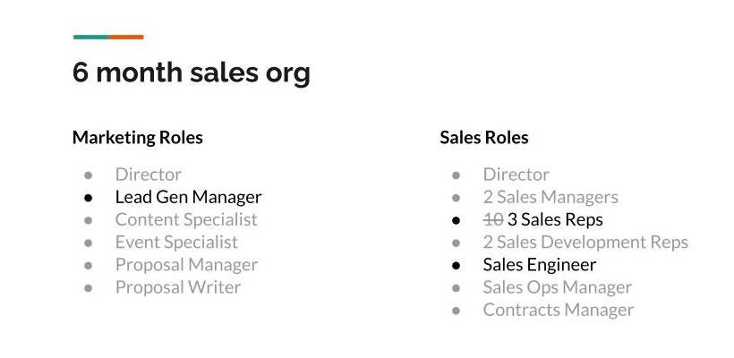 Sample sales org 6 mos from series A