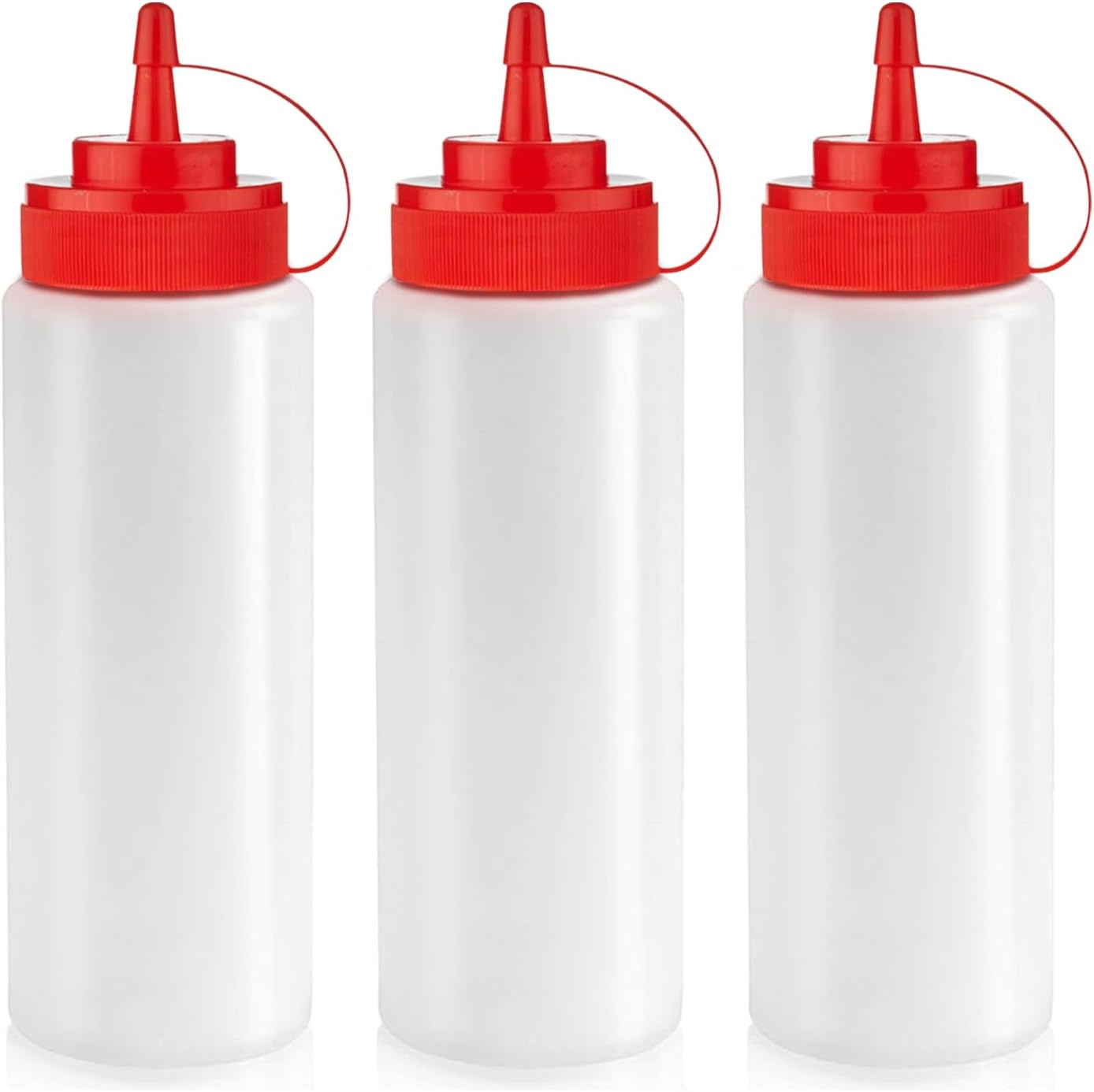 3 white squeeze bottles with red tops