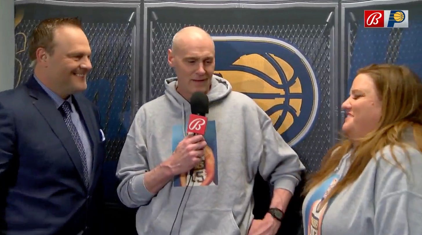 Pacers coach Rick Carlisle with Jeremiah Johnson and Krissy Myers pregame in San Antonio. Pacers coach Rick Carlisle with Jeremiah Johnson and Krissy Myers pregame in San Antonio.