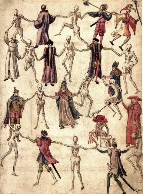 Anon. medieval "danse macabre" illustration of nobles and monks holding hands with skeletons to do some circle dancing.
