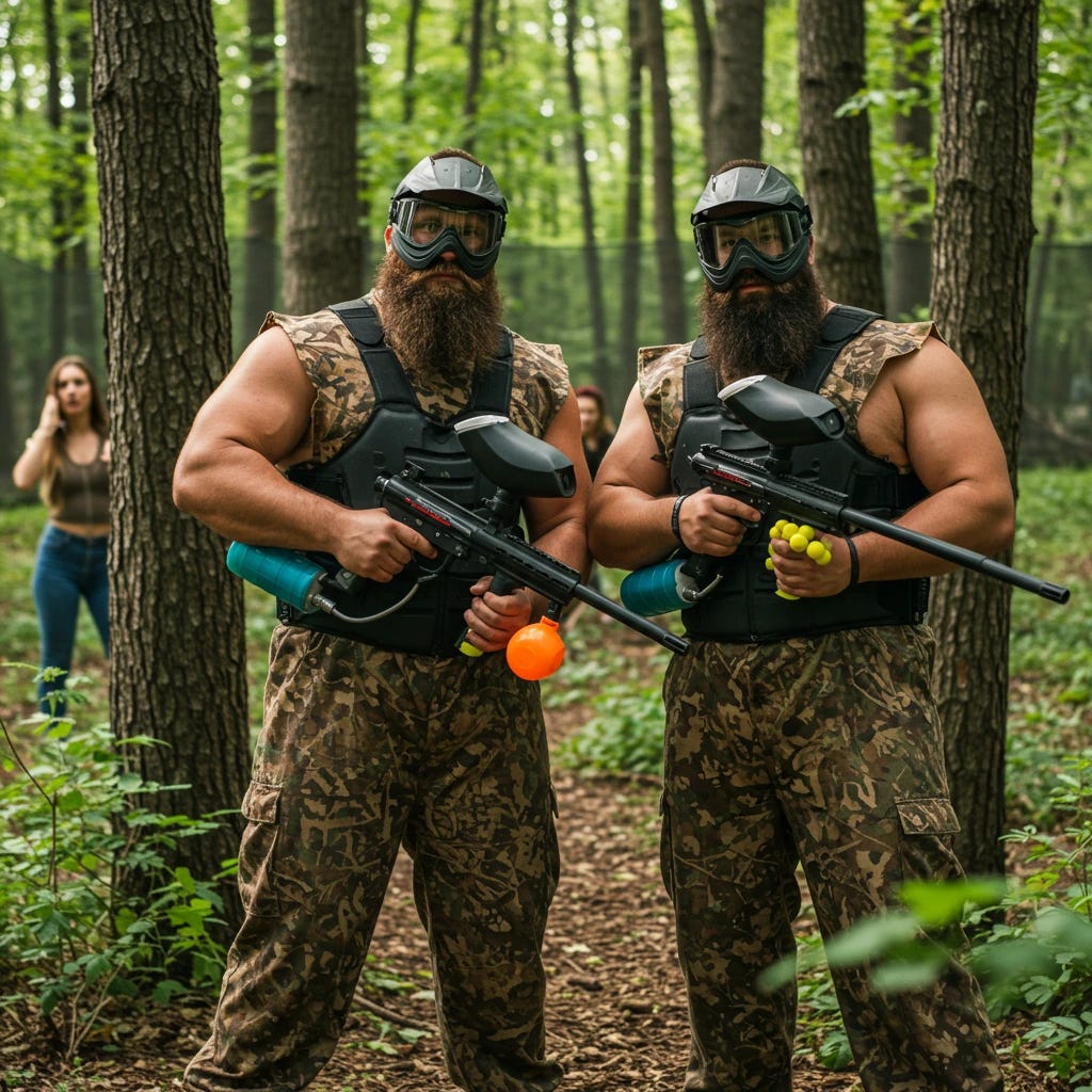 2 big men with beards with paintball guns shooting them at random woman in woods