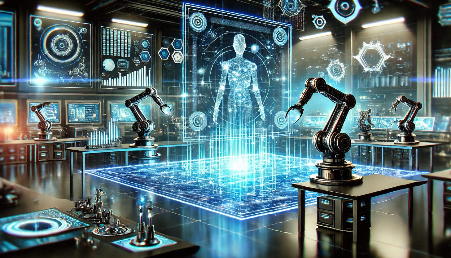 A futuristic high-tech laboratory with glowing holographic screens, robotic arms working on scientific experiments, and a sleek, advanced atmosphere. The lab is illuminated with a blue and neon glow, showcasing cutting-edge technology. In the background, digital data and futuristic graphs float in the air, symbolizing innovation and breakthrough discoveries.