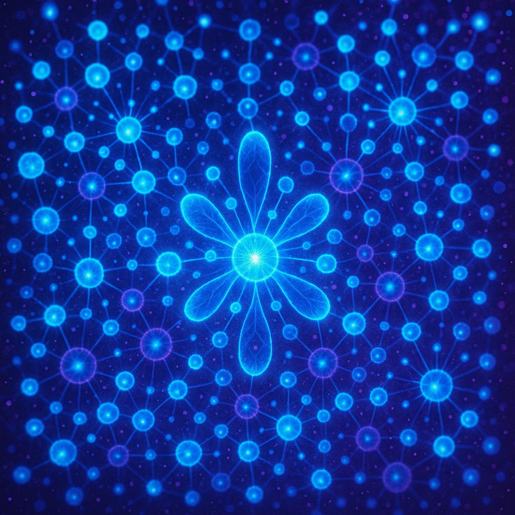 Network of glowing blue nodes with a flower-like central cluster; a bright 24-node group is cross-linked within a wider 73-node field.