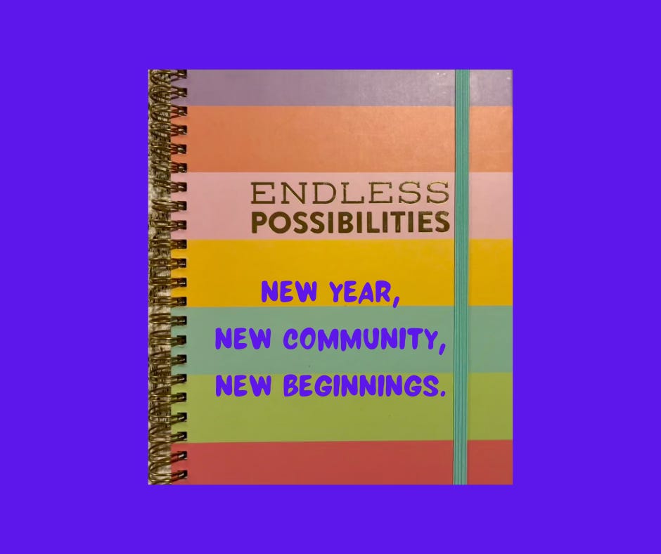 Spiral notebook cover with words "Endless Possibilities, New Year, New Community, New Beginnings"
