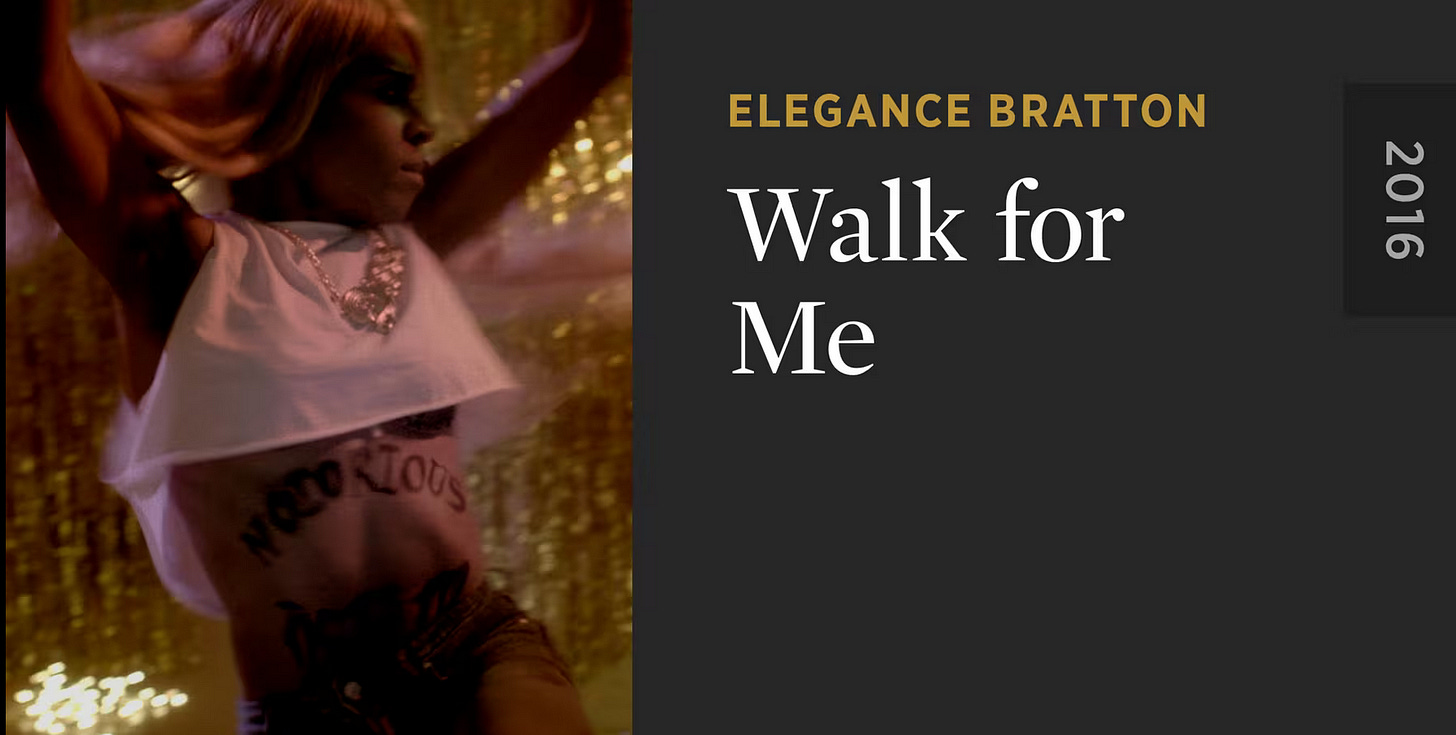 Criterion Channel movie poster of “Walk For Me” (2016), directed by Elegance Bratton, showing Hanna (Aaliya King) wearing a long blond wig, a white crop top, and a gold necklace, with the word “notorious” written in all caps on her abdomen, dancing in front of a gold shimmery curtain.
