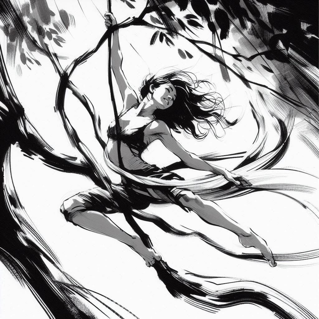 A woman branch swinging like w monkey in black and white ink and gouache style A woman branch swinging like w monkey in black and white ink and gouache style