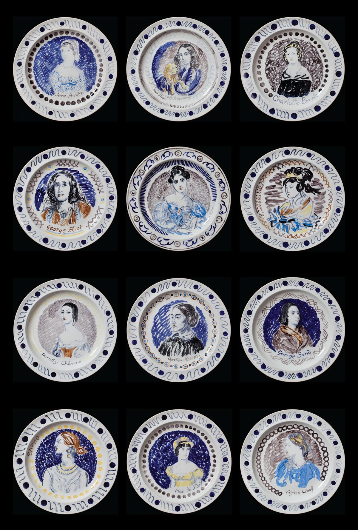 12 painted plates on a black background