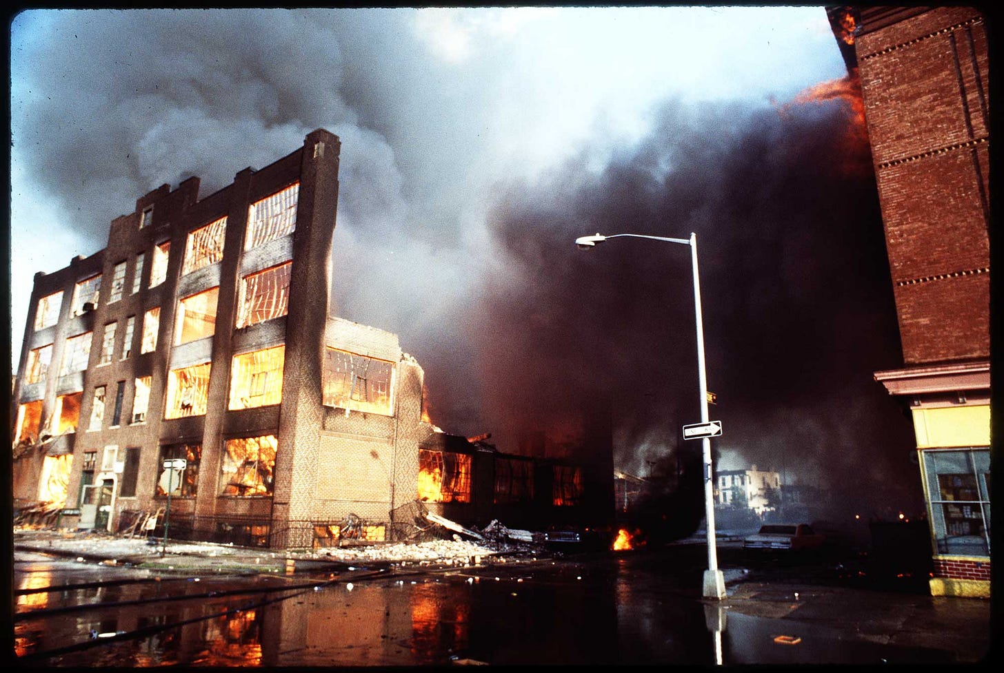 A burning building after the blackout