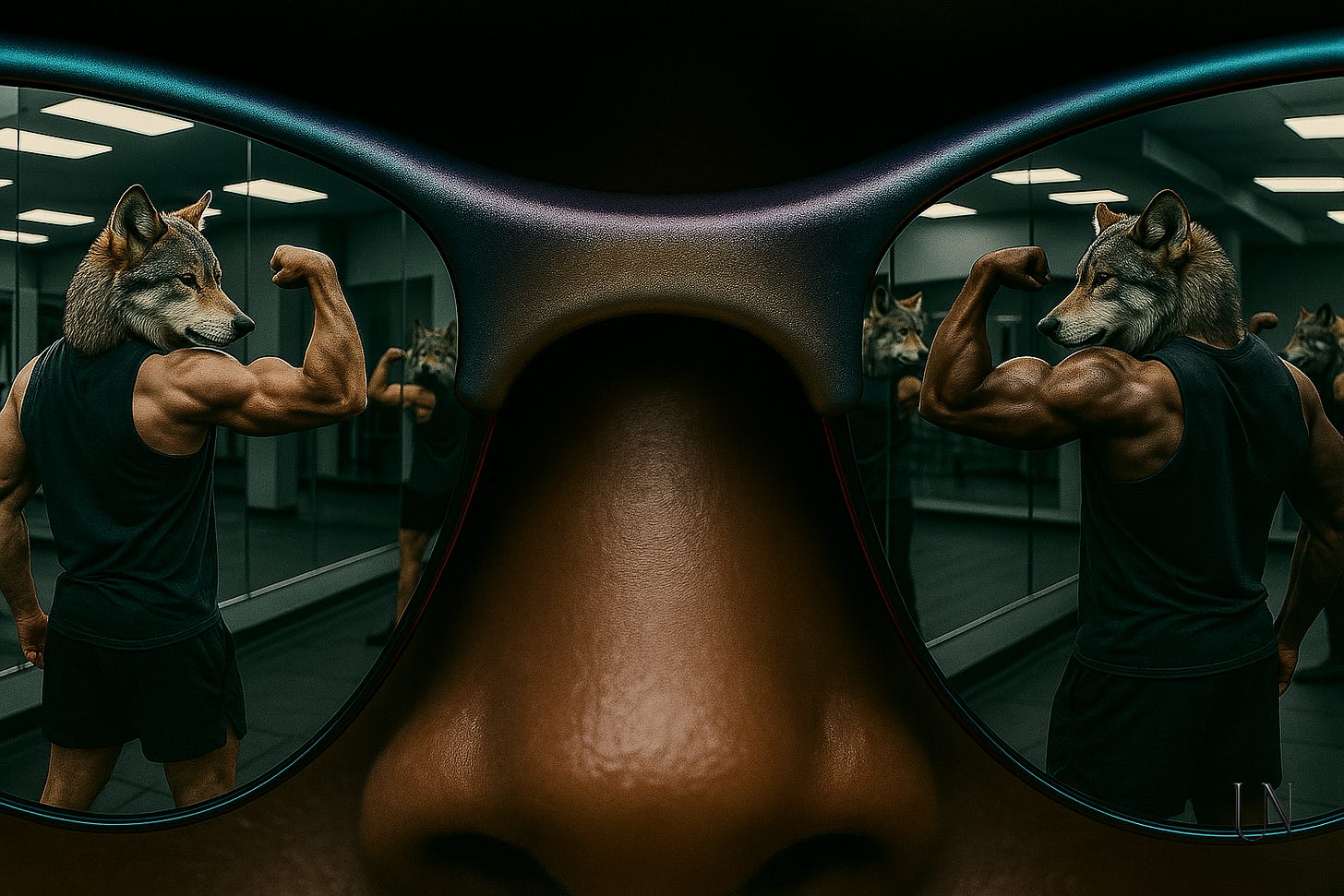 Alt Text: Close-up view through sunglasses showing gym mirror reflections of muscular figures with wolf heads flexing and posing, while the human observer's nose and mouth are visible in the foreground, creating a surreal commentary on performed masculinity versus authentic identity. Alt Text: Close-up view through sunglasses showing gym mirror reflections of muscular figures with wolf heads flexing and posing, while the human observer's nose and mouth are visible in the foreground, creating a surreal commentary on performed masculinity versus authentic identity.