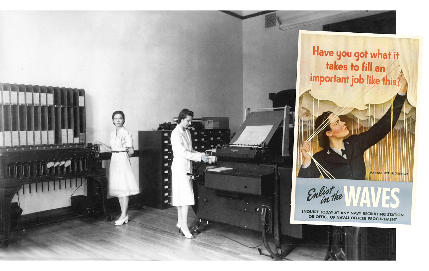 US Naval Observatory "Code Girl" WAVES running the USNO Punched-Card Machine Room in 1941 Helen Smith and Rubye Burns. Poster "Enlist in the WAVES" by John Falter 1944. The same punch-card and computation culture that Eckert/Aiken/Bush were building in the 1930s became wartime infrastructure–staffed in part by WAVES and other operators running machine rooms at scale. US Naval Observatory "Code Girl" WAVES running the USNO Punched-Card Machine Room in 1941 Helen Smith and Rubye Burns. Poster "Enlist in the WAVES" by John Falter 1944. The same punch-card and computation culture that Eckert/Aiken/Bush were building in the 1930s became wartime infrastructure–staffed in part by WAVES and other operators running machine rooms at scale.