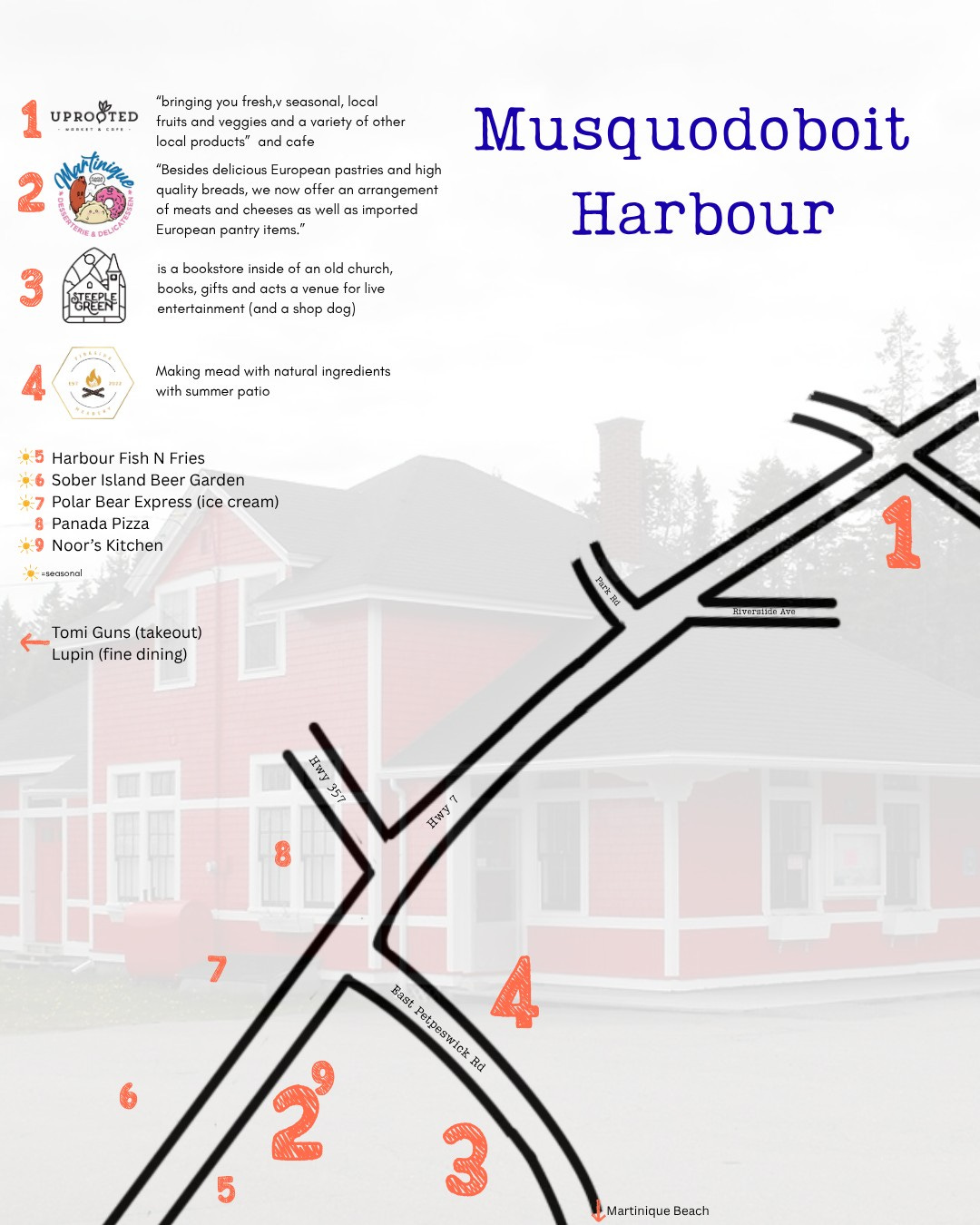 May be a graphic of ‎map, floor plan and ‎text that says '‎UPROOTED ....HraлиH "bringing frash,v seasonal, lacal vaggias varlaty other products" 2 "Besides delicious European postries and high Musą Musquodoboit quality narrangement chaesasa 5wol واه sImportad Harbour Eurapaan iso baakstara Insica tan books, gittsar acts NUn enferlainment and shop dogl church, live Making mead with natural ngredients with summar patio .5 Harbour Fish N Fries 6 Sober Island Beer Garden Polar Bear Express lice cream) Panada Pizza 9 Noor'sk Kitchen aaundl Tomi Guns (takeout) Lupin (fine dining) Pong포A 民アビ品場 Hry 표wy357 354 8 Bay: 7 Bast Petpeswick Rd Martinique Beach‎'‎‎