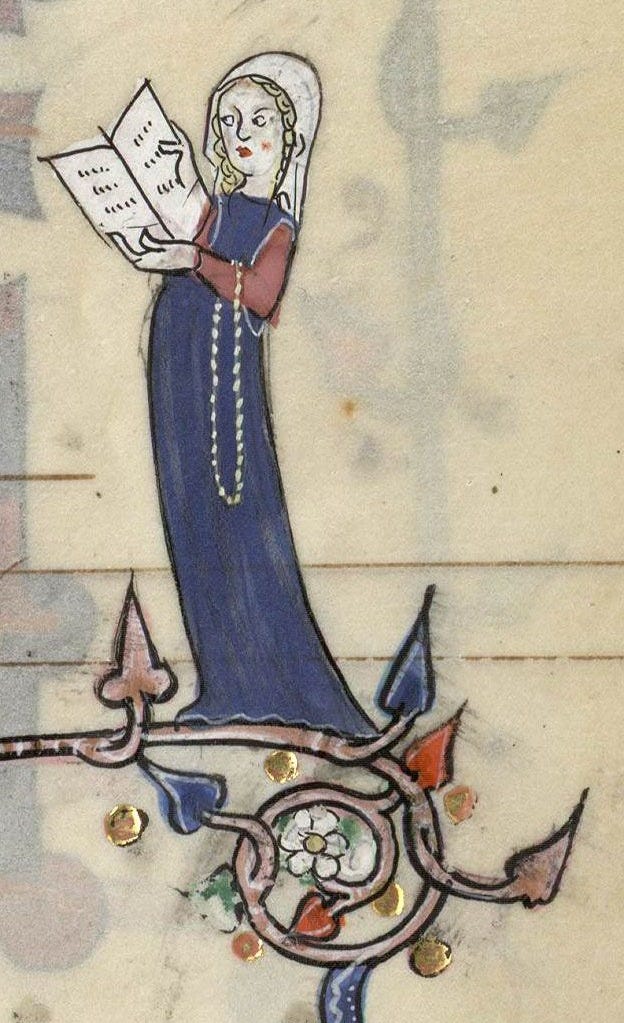 This may contain: a drawing of a woman holding a book in her right hand and wearing a blue dress