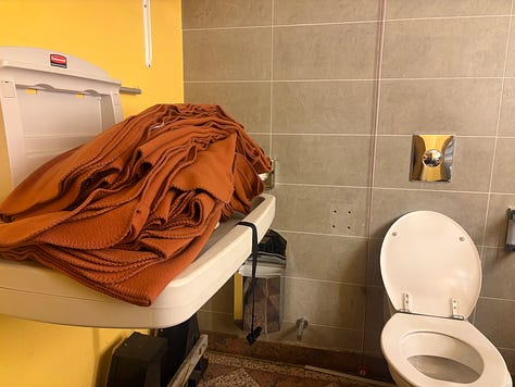 A potbury of accessible toilet photos with chairs, ladders, parasols and clutter 