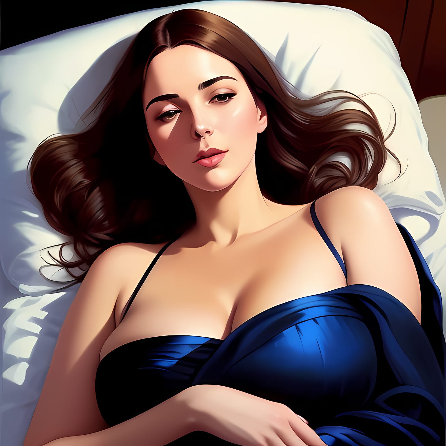 A woman lays in bed with a worried expression on her face.