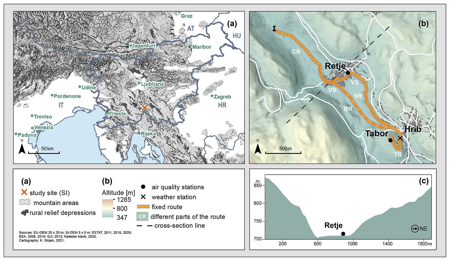 Morda je risba ‎zemljevid in ‎besedilo, ki pravi »‎Graz AT Klagenfurt (a) HU Maribor °Udine •Pordenone IT CR (b) Ljubljana *Treviso •Venezia •Padova Retje •Zagreb HR Vs 50km VB Rijeka SR BR 500m (a) x study site (SI) اسس) mountain areas rural relief depressions Tabor (b) Altitude [m] 1285 800 347 TR 850- Sources: EU-DEM air quality stations weather station fixed route CR different parts of the route cross-section line Cartagraphy: Glojek 2021. 2021. 2011. soavb, 2020. 8D0- 018, 2020: (င) 75D- 7DD- Retje 200 600 1000 ONE 1400 1800m‎«‎‎