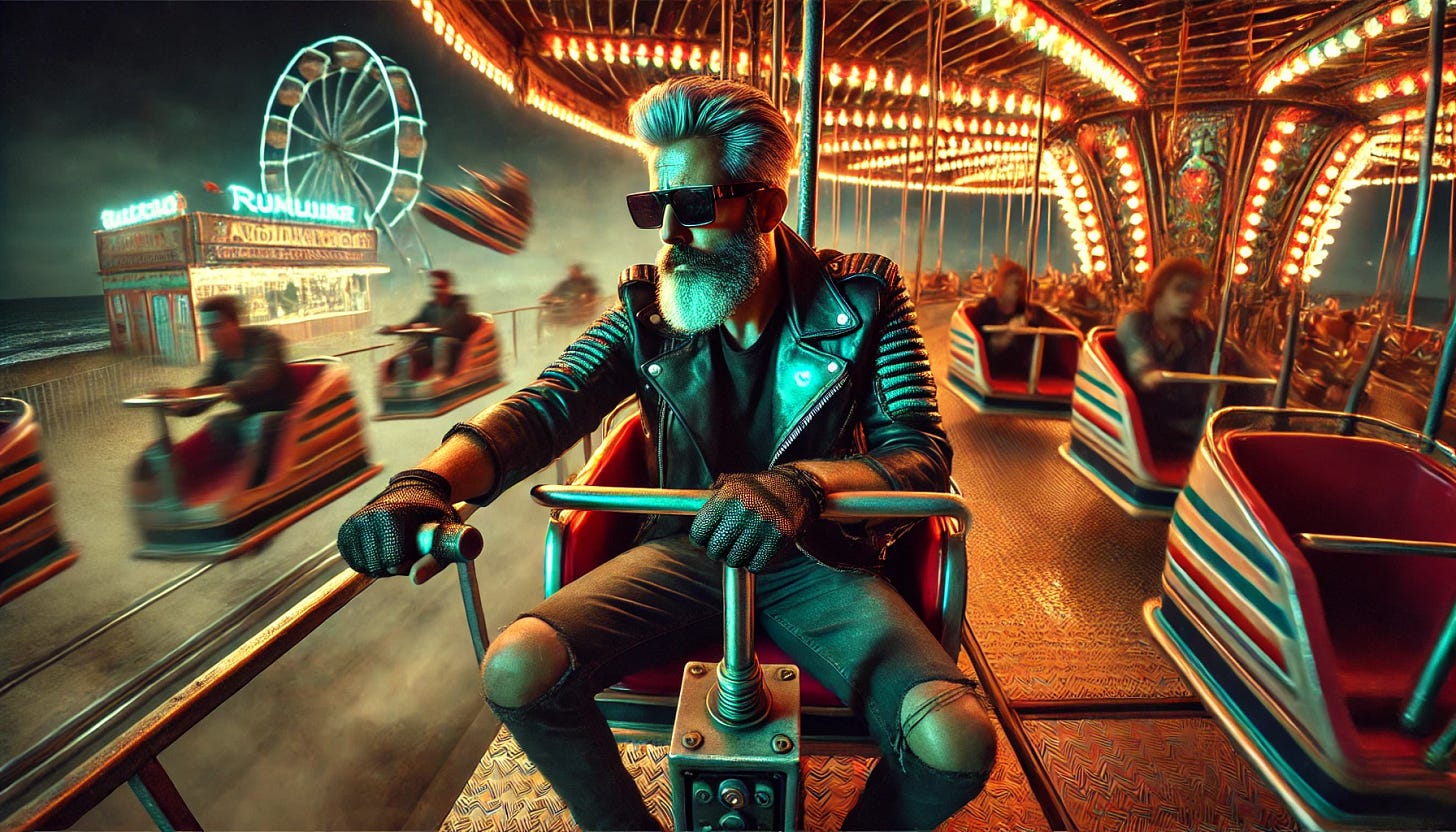A futuristic, hip middle-aged man with a full beard, stylish streetwear, and sleek sunglasses is trying to pull the emergency brake on a chaotic, speeding thrill ride at a beachside carnival at night. The man is calm but focused, gripping a lever attached to the ride's rusted control panel. Around him, neon lights flicker wildly, casting eerie glows on the twisted metal and screaming riders flying by in blurred motion. The atmosphere is slightly creepy—fog rolls in from the ocean, and dilapidated carnival stalls loom in the background. The man's presence is confident and composed amid the chaos, a lone figure of cool-headed resolve in a surreal and unsettling scene.