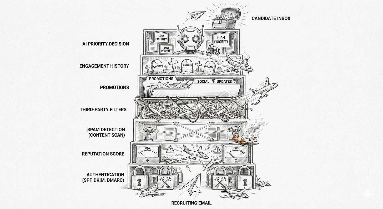 Seven Gmail filtering layers blocking recruiting emails from reaching candidate inboxes