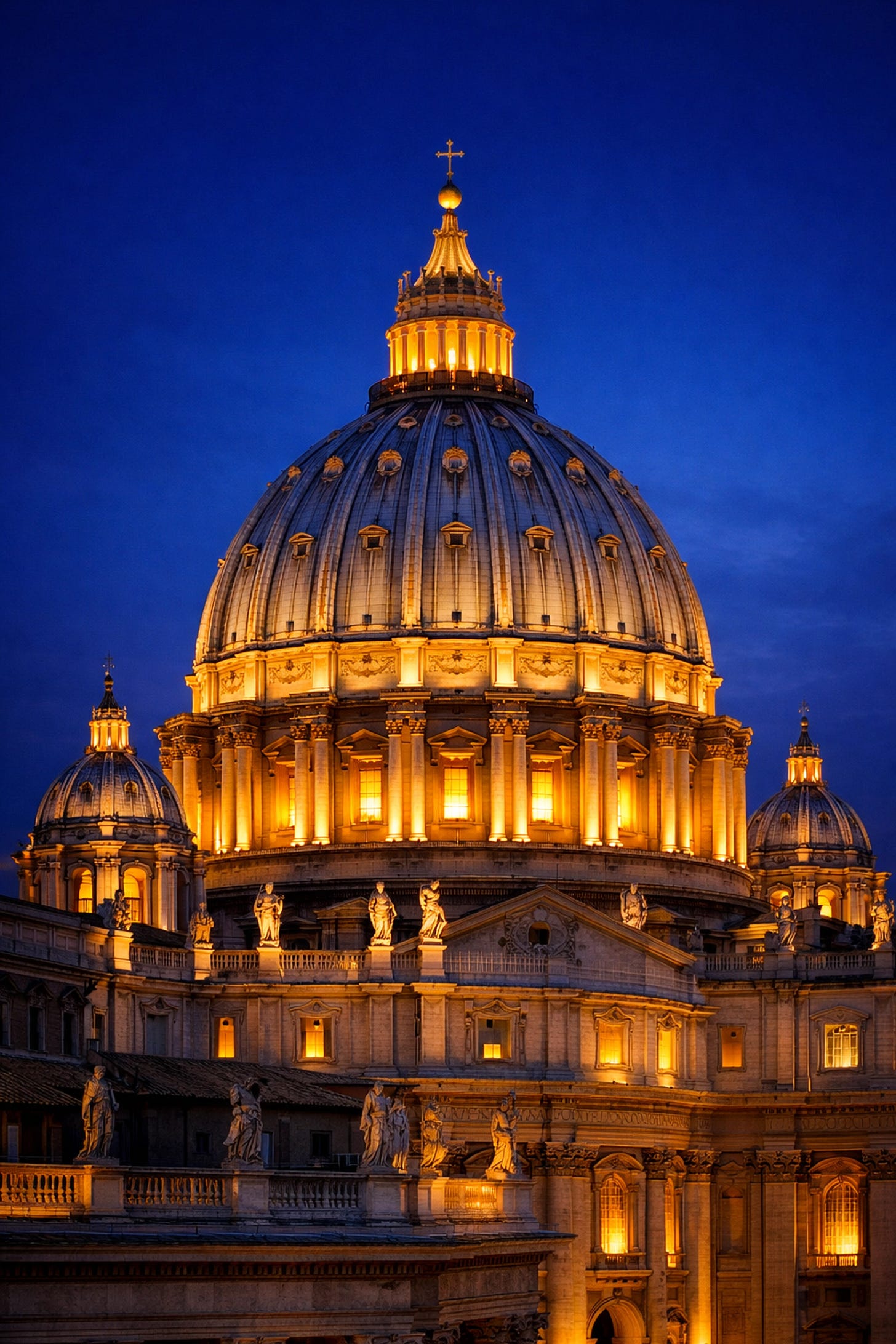 St. Peter's Basilica dome at twilight symbolizing the enduring presence of the Catholic Church.