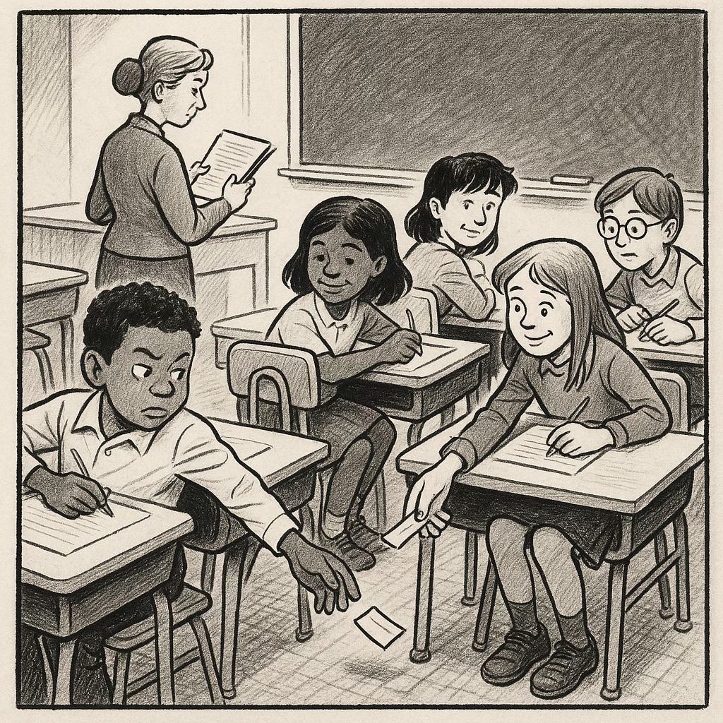 A group of students sits at old-fashioned desks in a classroom taking a test. Several students are secretly passing small pieces of paper with answers while smiling or glancing around. One student reaches toward the floor to retrieve a dropped note. A teacher stands at the front of the room, facing away from the students and reading from a paper, unaware of the cheating happening behind.