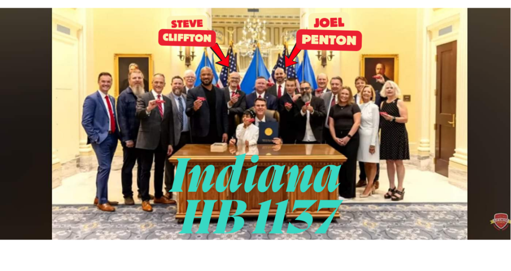 Group photo of individuals celebrating the signing of Indiana HB 1137, featuring Steve Clifton and Joel Penton, in a formal setting. Group photo of individuals celebrating the signing of Indiana HB 1137, featuring Steve Clifton and Joel Penton, in a formal setting.