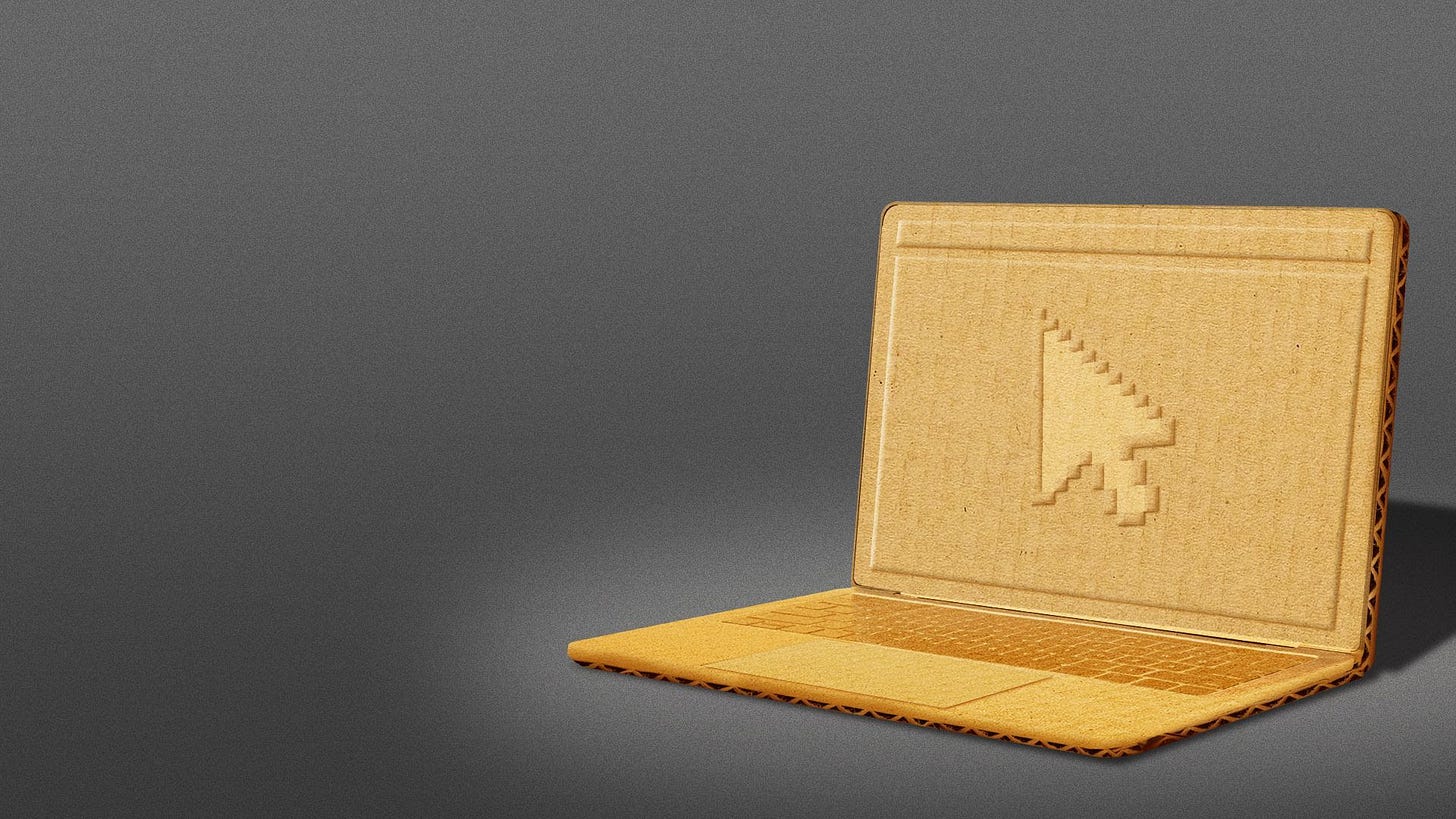Illustration of a laptop with a cursor on the screen made out of cardboard