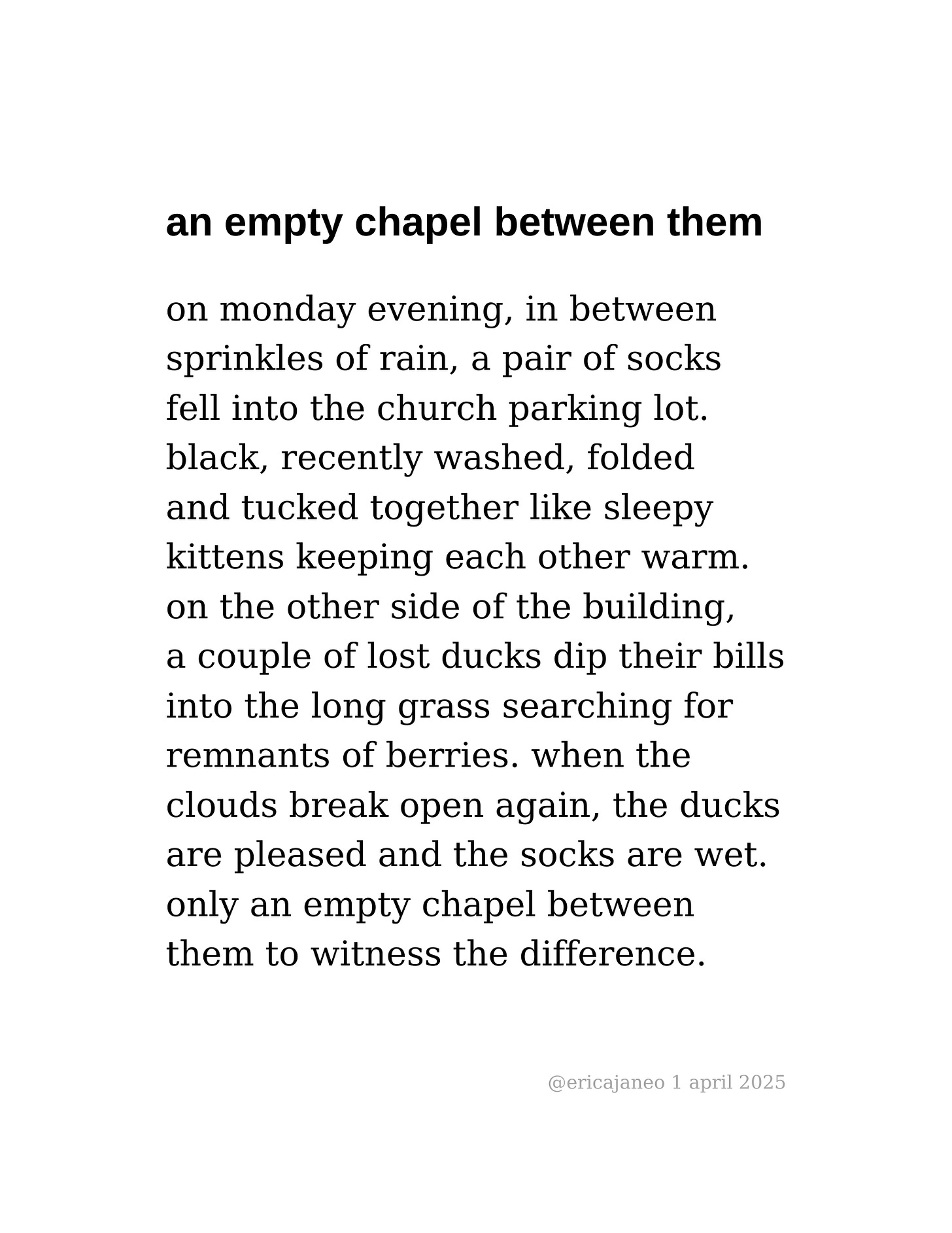an empty chapel between them  on monday evening, in between  sprinkles of rain, a pair of socks fell into the church parking lot.  black, recently washed, folded  and tucked together like sleepy kittens keeping each other warm.  on the other side of the building,  a couple of lost ducks dip their bills  into the long grass searching for remnants of berries. when the  clouds break open again, the ducks  are pleased and the socks are wet.  only an empty chapel between  them to witness the difference.