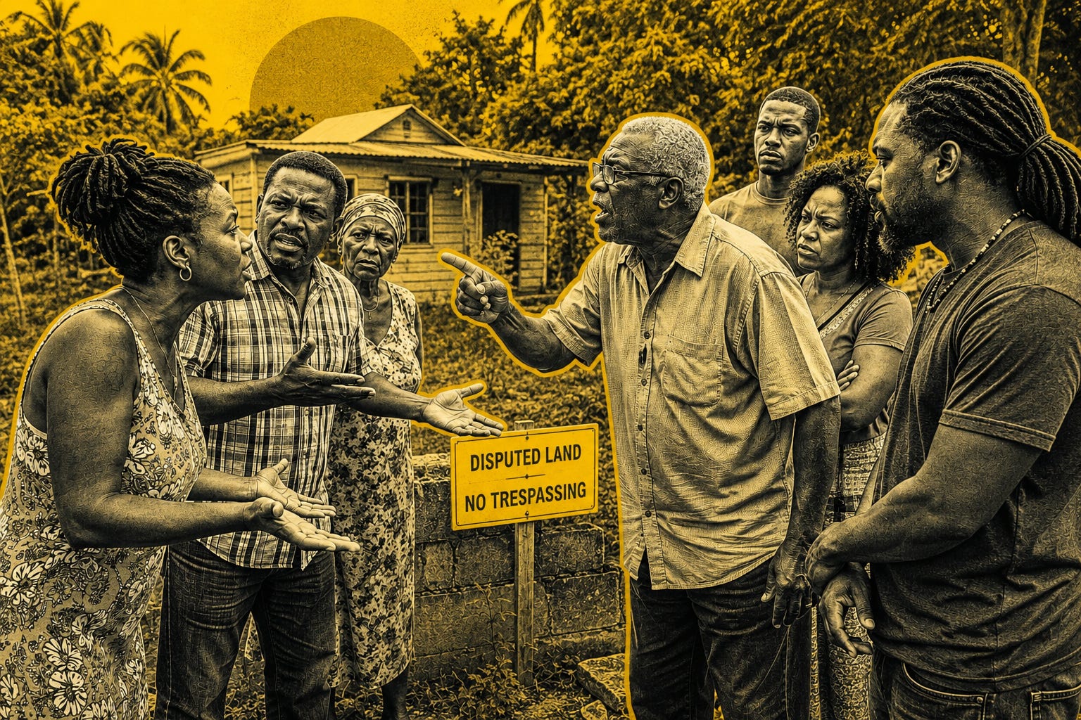 A stylized editorial illustration depicting a heated family dispute over land in rural Jamaica. Rendered in bold yellow and grayscale tones, the image captures the tensions, emotions, and competing claims that often arise around family land and inheritance.