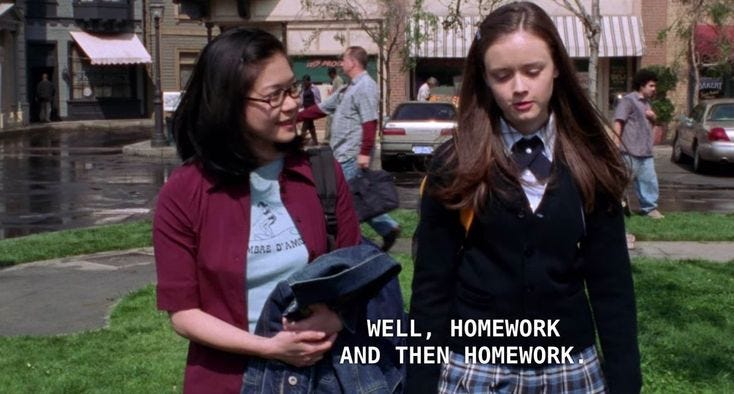 This may contain: two girls are walking down the street talking to each other with words above them that read well, homework and then homework