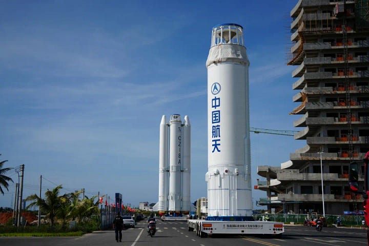 The Long March 8A Y10's first and second stages during pre-flight processing and being moved to Commercial Launch Pad 1.